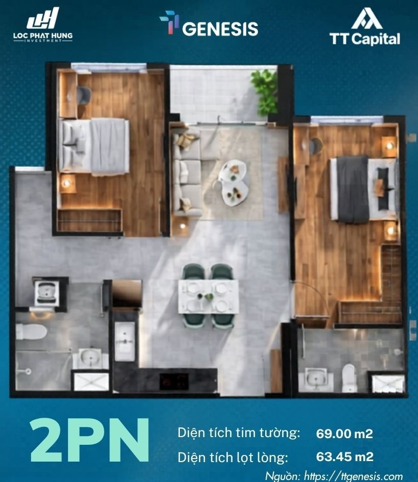 Chi tiết thiết kế layout các loại căn hộ từ 1 phòng ngủ đến 3 phòng ngủ tại dự án TT Genesis Nhà Bè