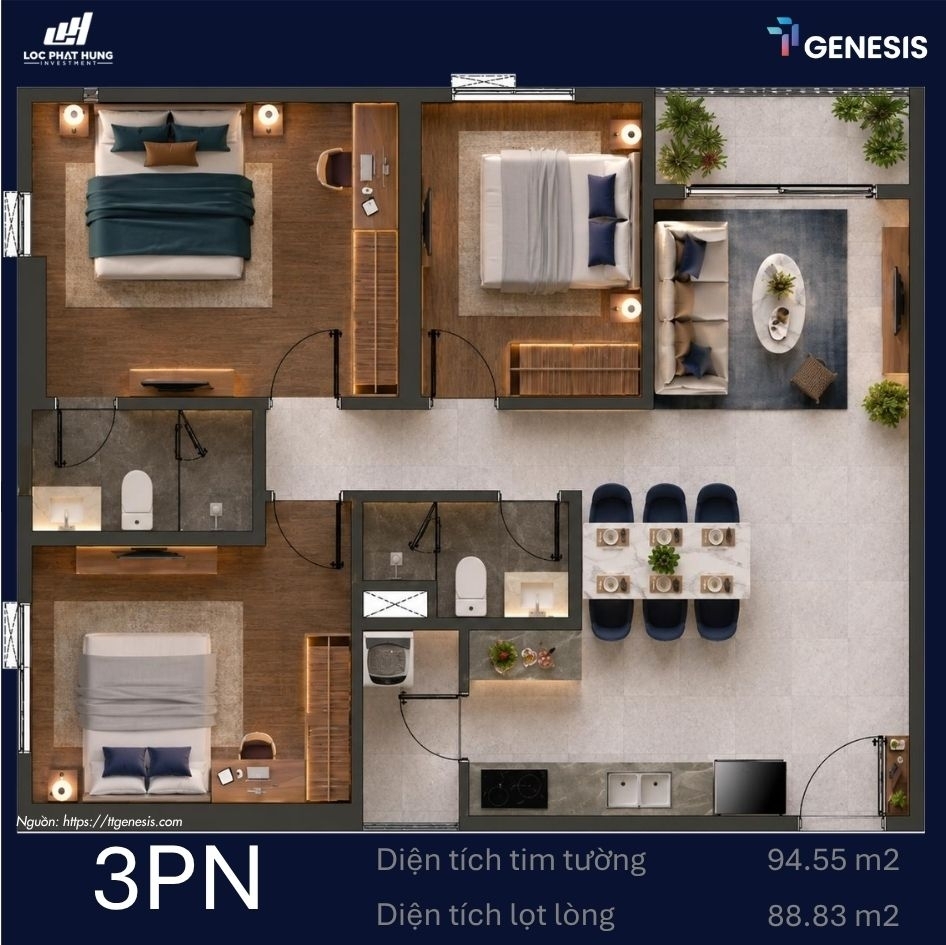 Layout thiết kế chi tiết các loại căn hộ từ 1 phòng ngủ đến 3 phòng ngủ tại dự án TT Genesis
