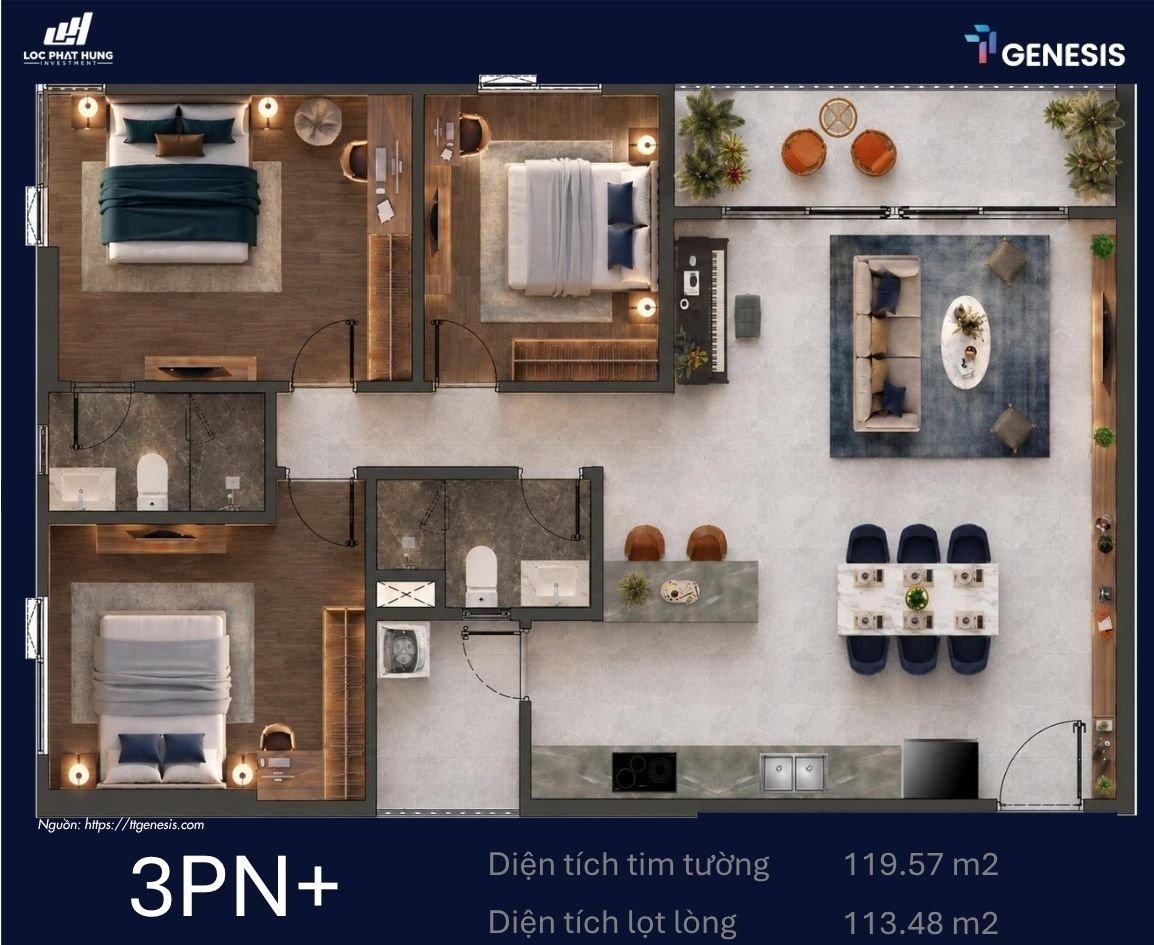 Layout thiết kế chi tiết các loại căn hộ từ 1 phòng ngủ đến 3 phòng ngủ tại dự án TT Genesis