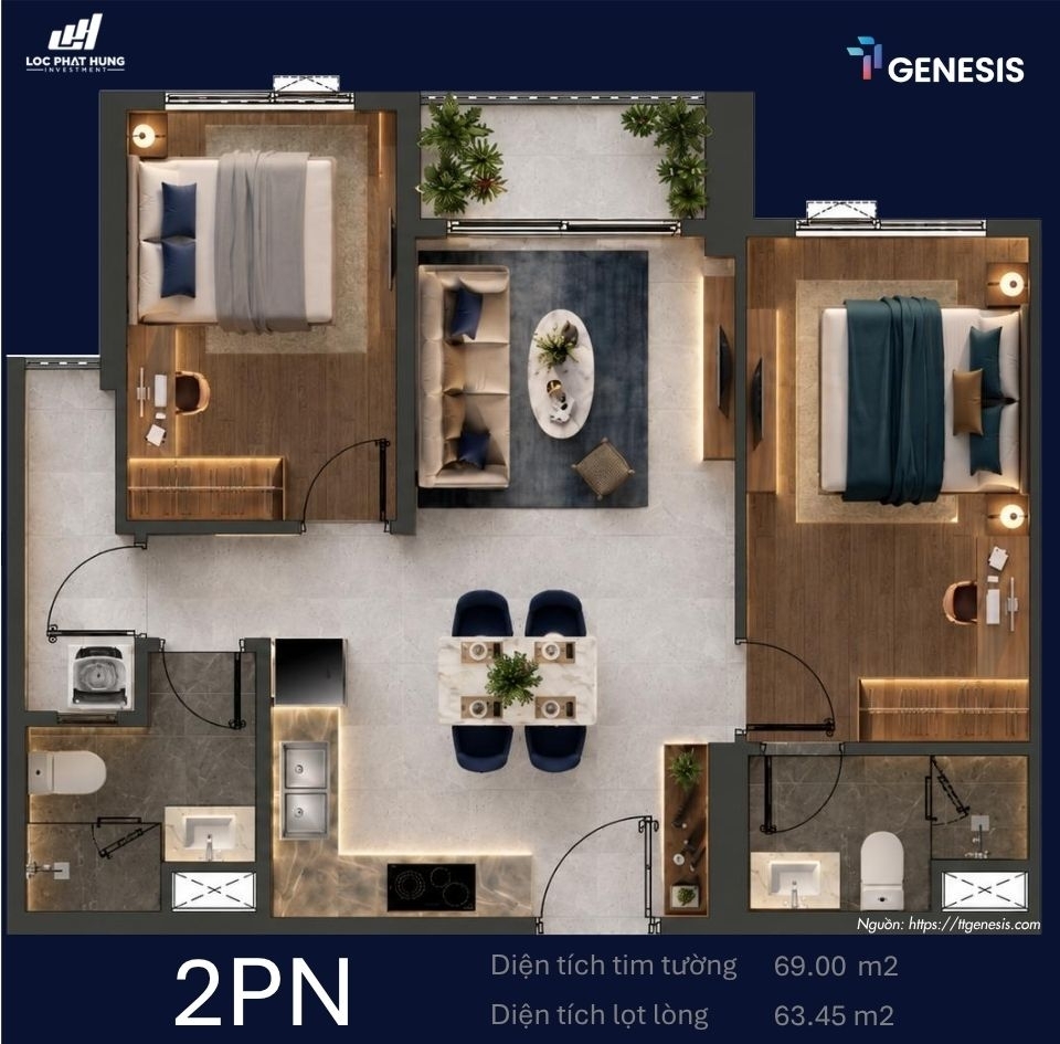 Layout thiết kế chi tiết các loại căn hộ từ 1 phòng ngủ đến 3 phòng ngủ tại dự án TT Genesis