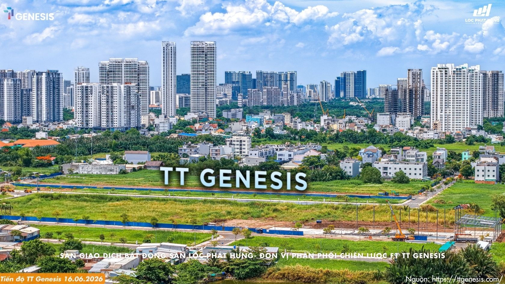 Hình ảnh thực tế tiến độ san lấp mặt bằng và khu vực nhà mẫu đang thi công tại dự án TT Genesis ngày 16/06/2026