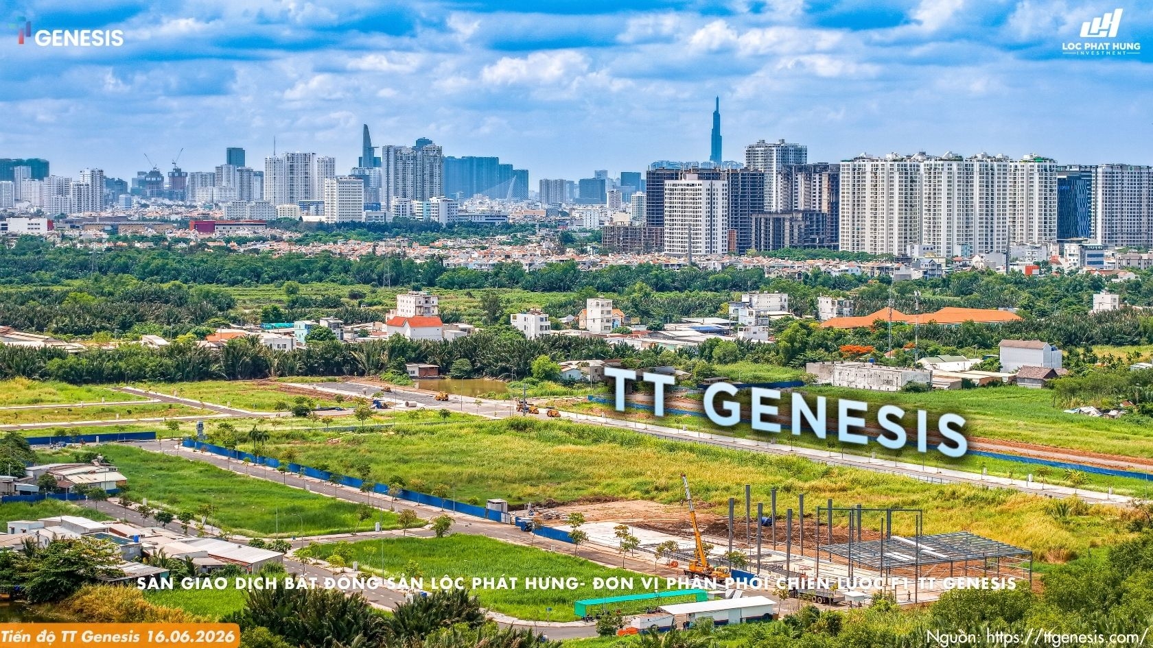 Hình ảnh thực tế tiến độ san lấp mặt bằng và khu vực nhà mẫu đang thi công tại dự án TT Genesis ngày 16/06/2026