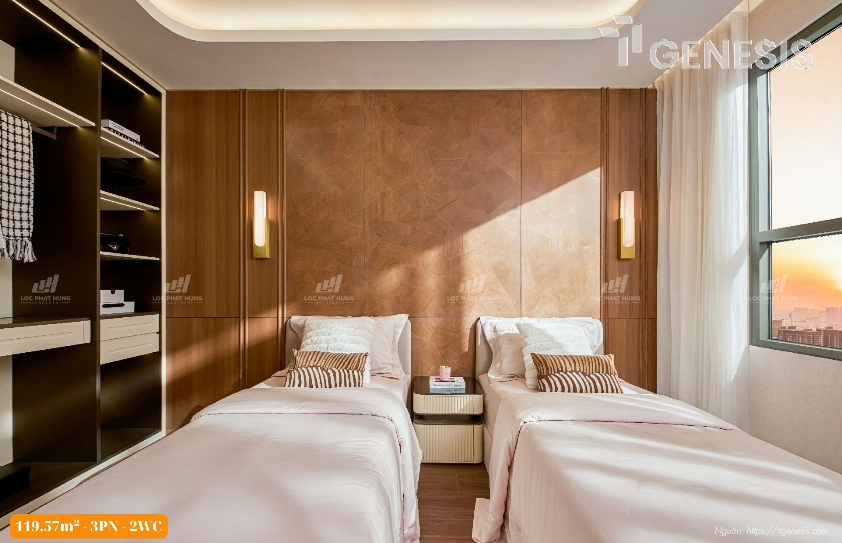 Phòng ngủ phụ bố trí hai giường đơn rộng rãi dành cho các thành viên trong căn 3PN