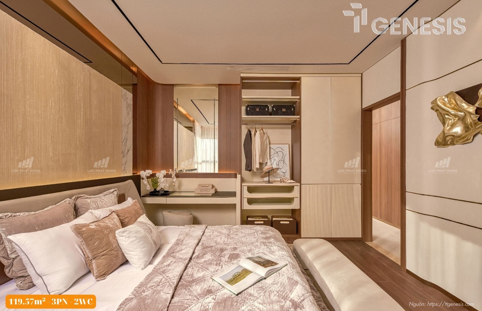Không gian phòng ngủ Master rộng thoáng bên trong căn hộ góc 3PN 119,57m2