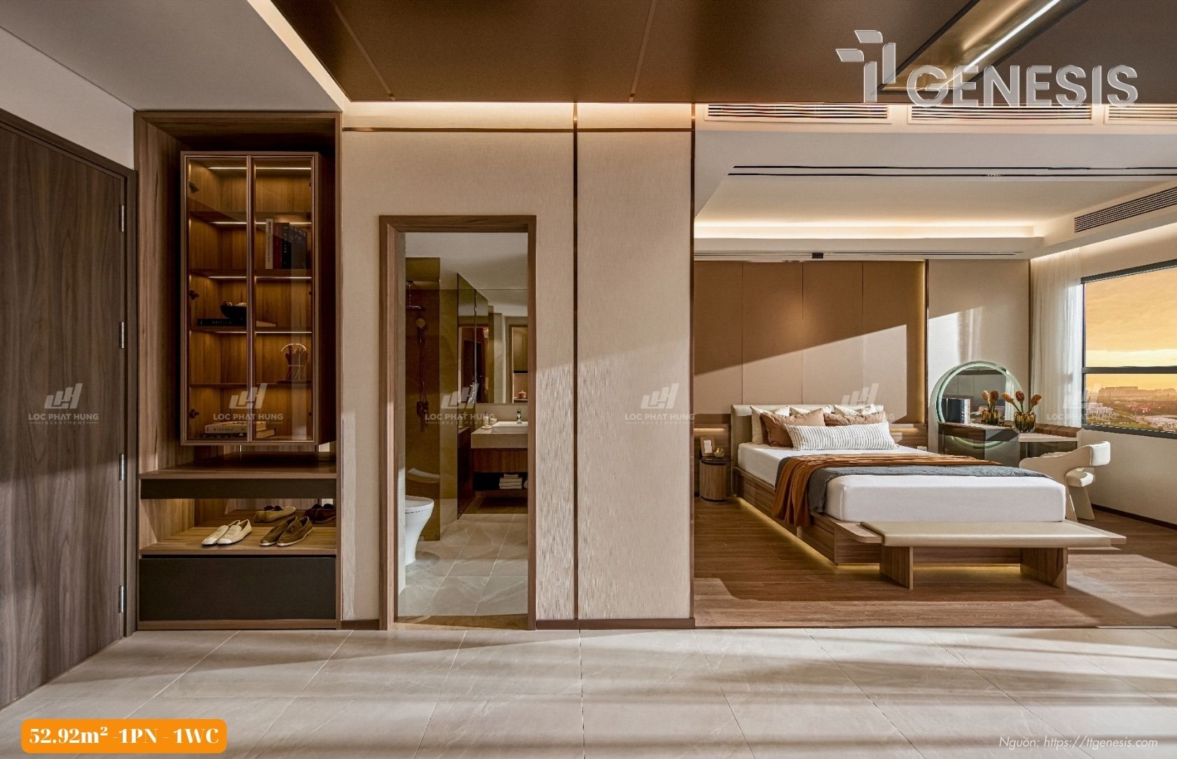 Phòng vệ sinh bên trong căn hộ mẫu 1PN lắp đặt thiết bị Toto và Grohe