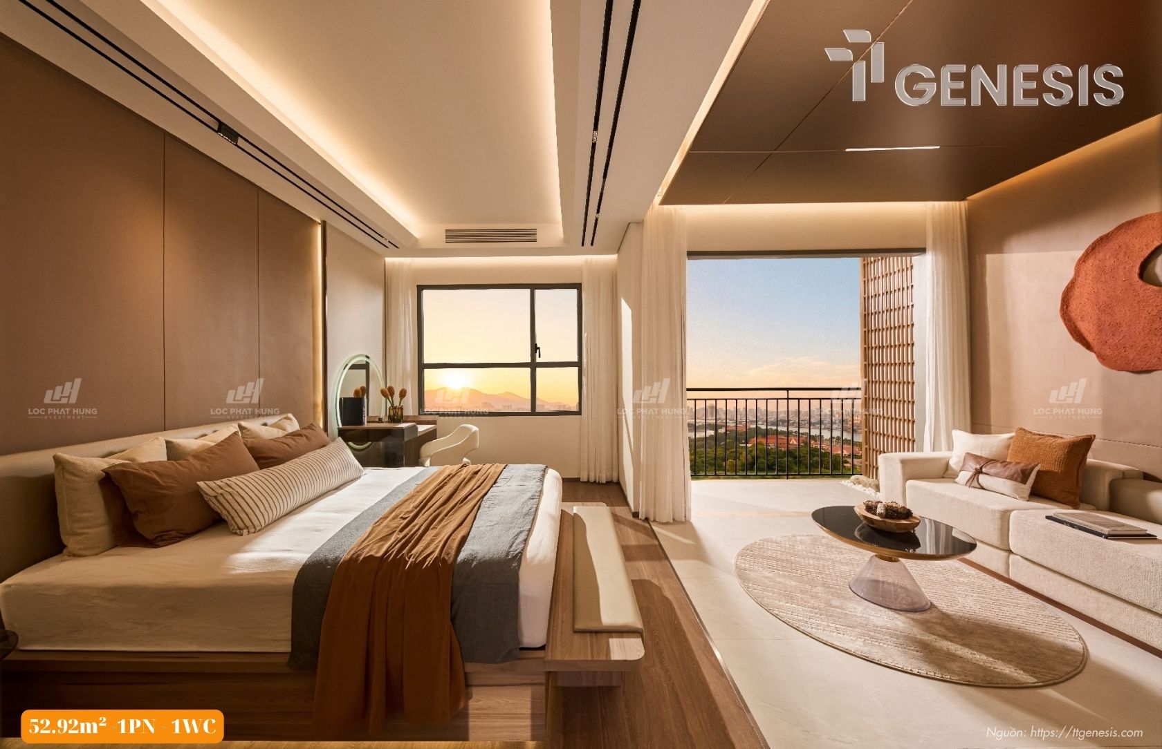 Phòng ngủ căn hộ mẫu 1PN diện tích 52,92m2 với hệ cửa sổ kính lớn sát trần