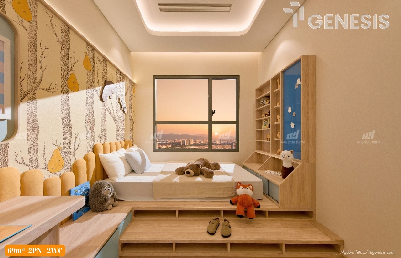 Phòng ngủ phụ dành cho trẻ em với cửa sổ đón sáng tự nhiên trong căn hộ 69m2