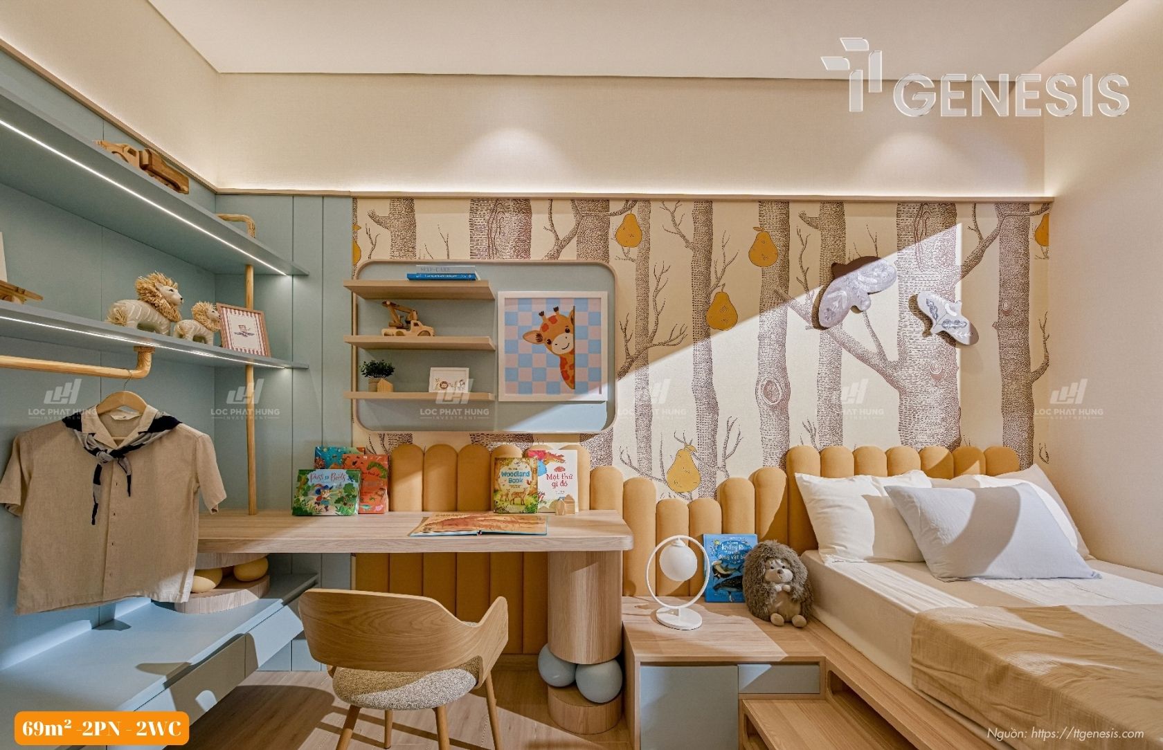 Góc bố trí giường ngủ và bàn học trong phòng ngủ phụ căn hộ mẫu 2PN