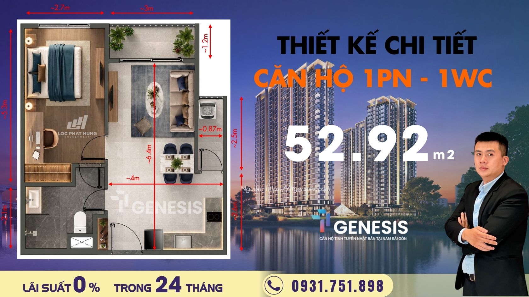 Thiết kế căn hộ 1 Phòng Ngủ TT Genesis