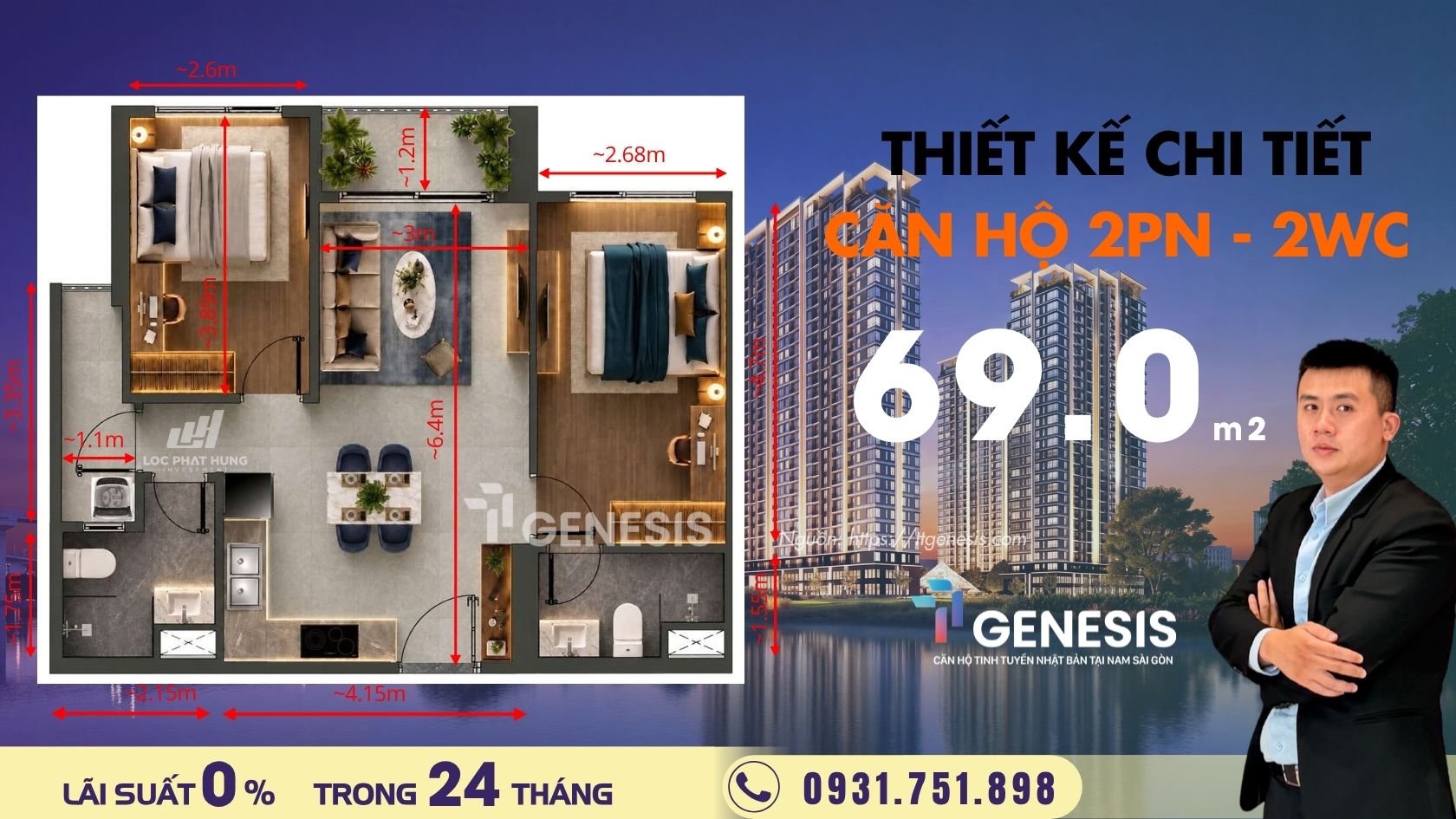 Thiết kế căn hộ 2 phòng ngủ TT Genesis