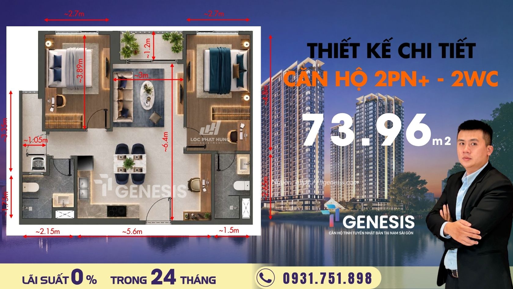 Thiết kế căn hộ 2 phòng ngủ TT Genesis