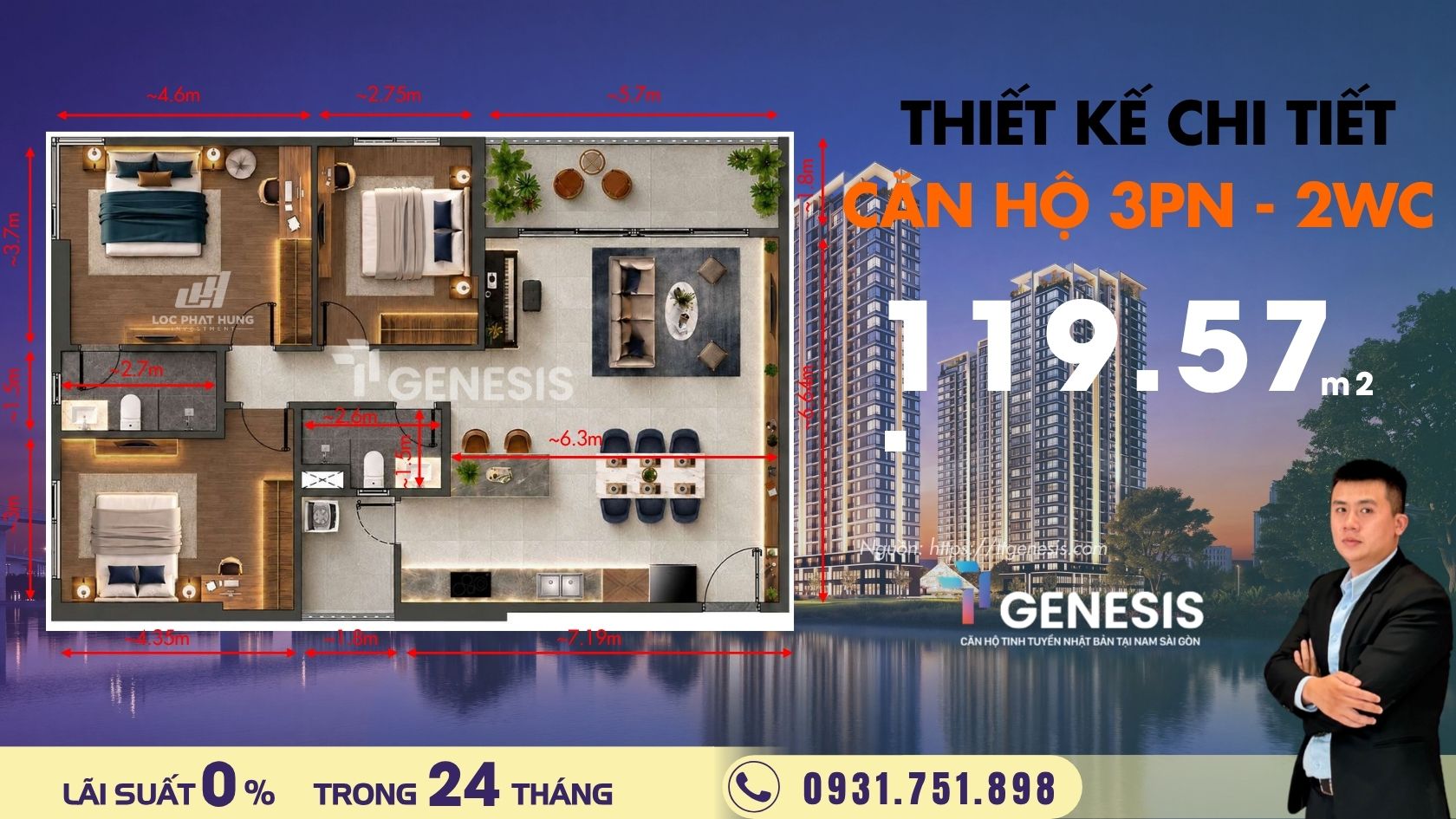 Thiết Kế Căn Hộ 3 Phòng Ngủ 2WC TT Genesis