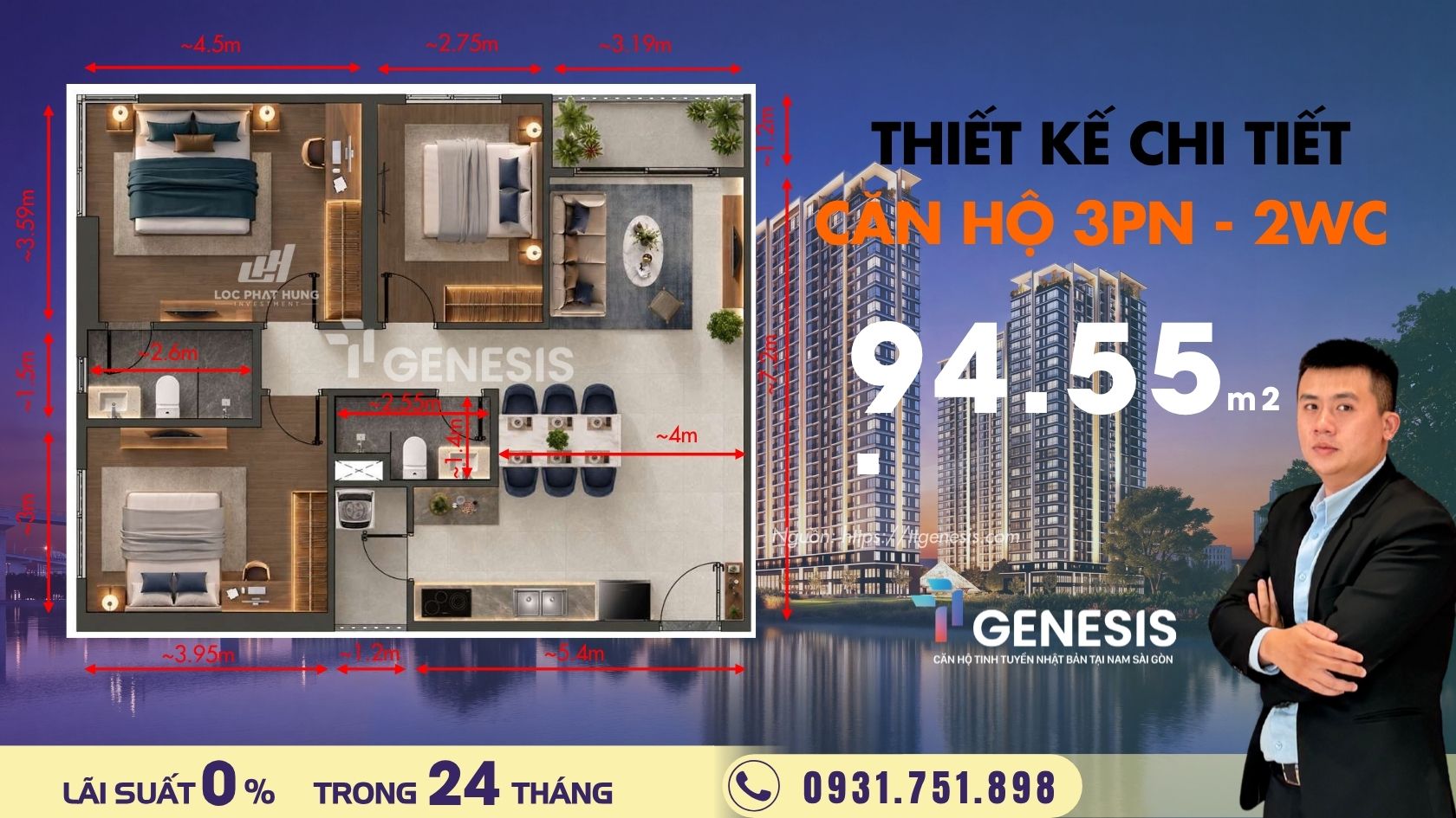 Thiết Kế Căn Hộ 3 Phòng Ngủ 2WC TT Genesis