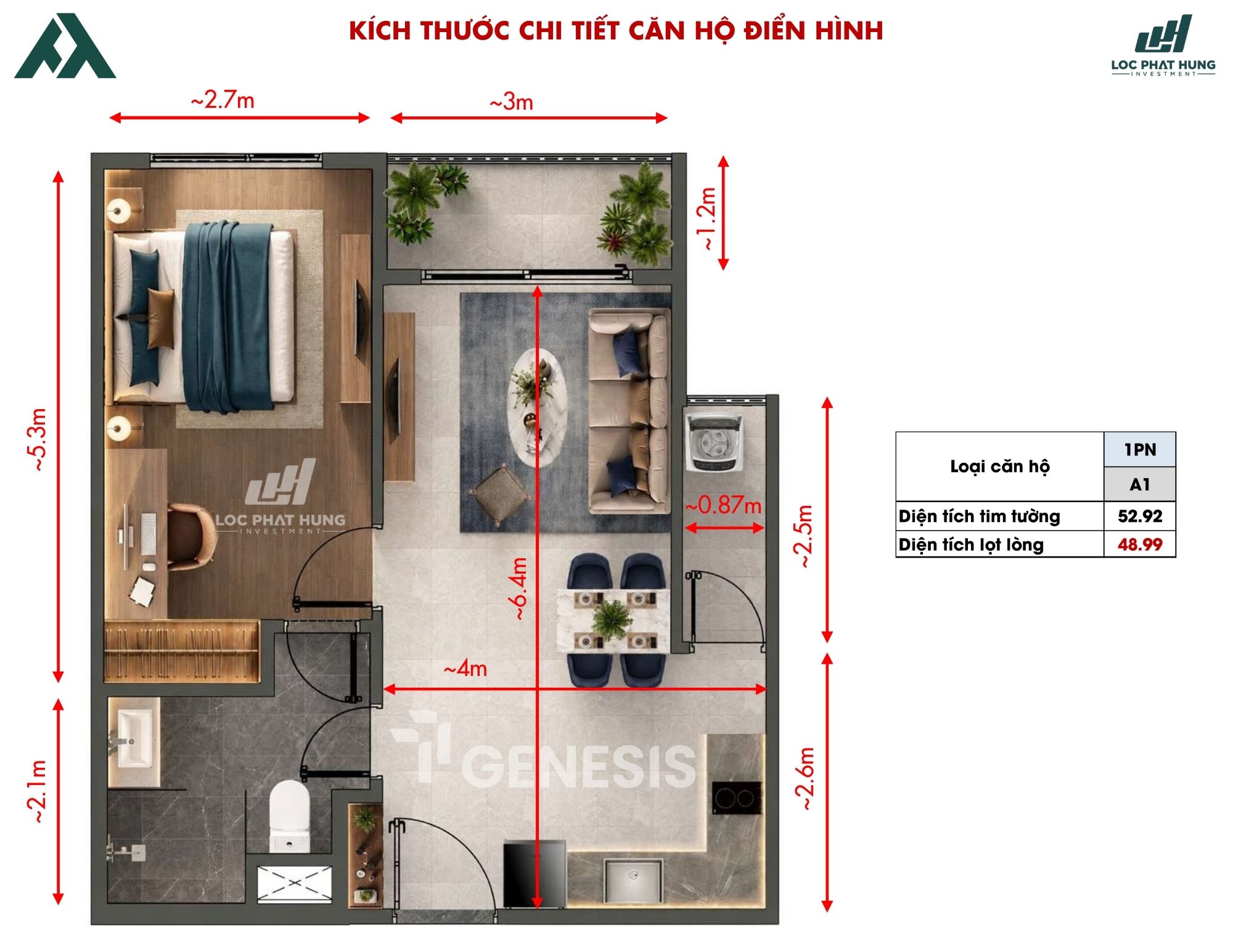 Thiết Kế Chi Tiết Căn Hộ 1PN TT Genesis 52.92m2