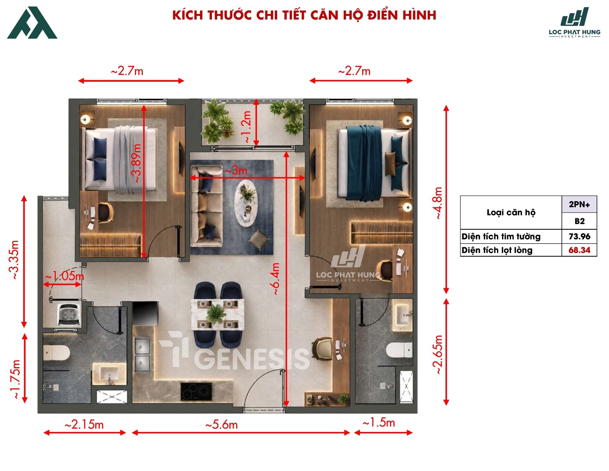 Thiết kế căn hộ 2 phòng ngủ TT Genesis