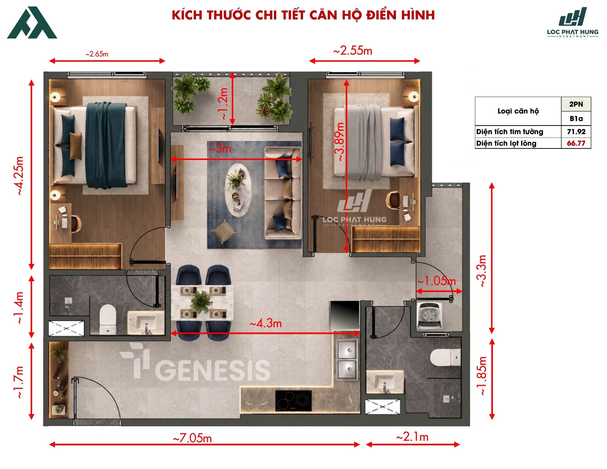 Thiết kế căn hộ 2 phòng ngủ TT Genesis