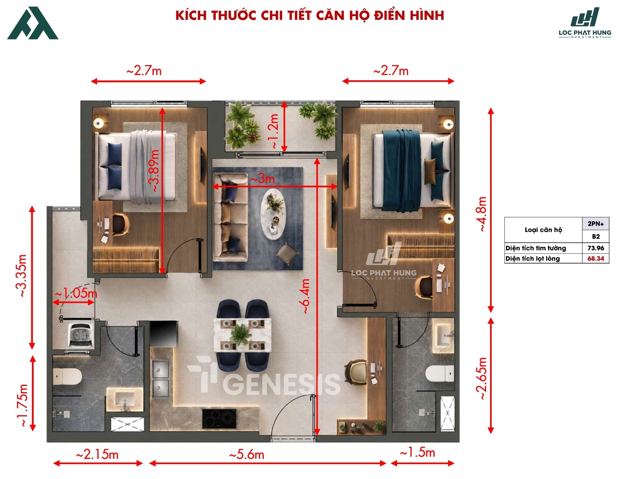 Thiết Kế TT Genesis 2 Phòng Ngủ Không Gian Rộng Mở Cho Gia Đình  