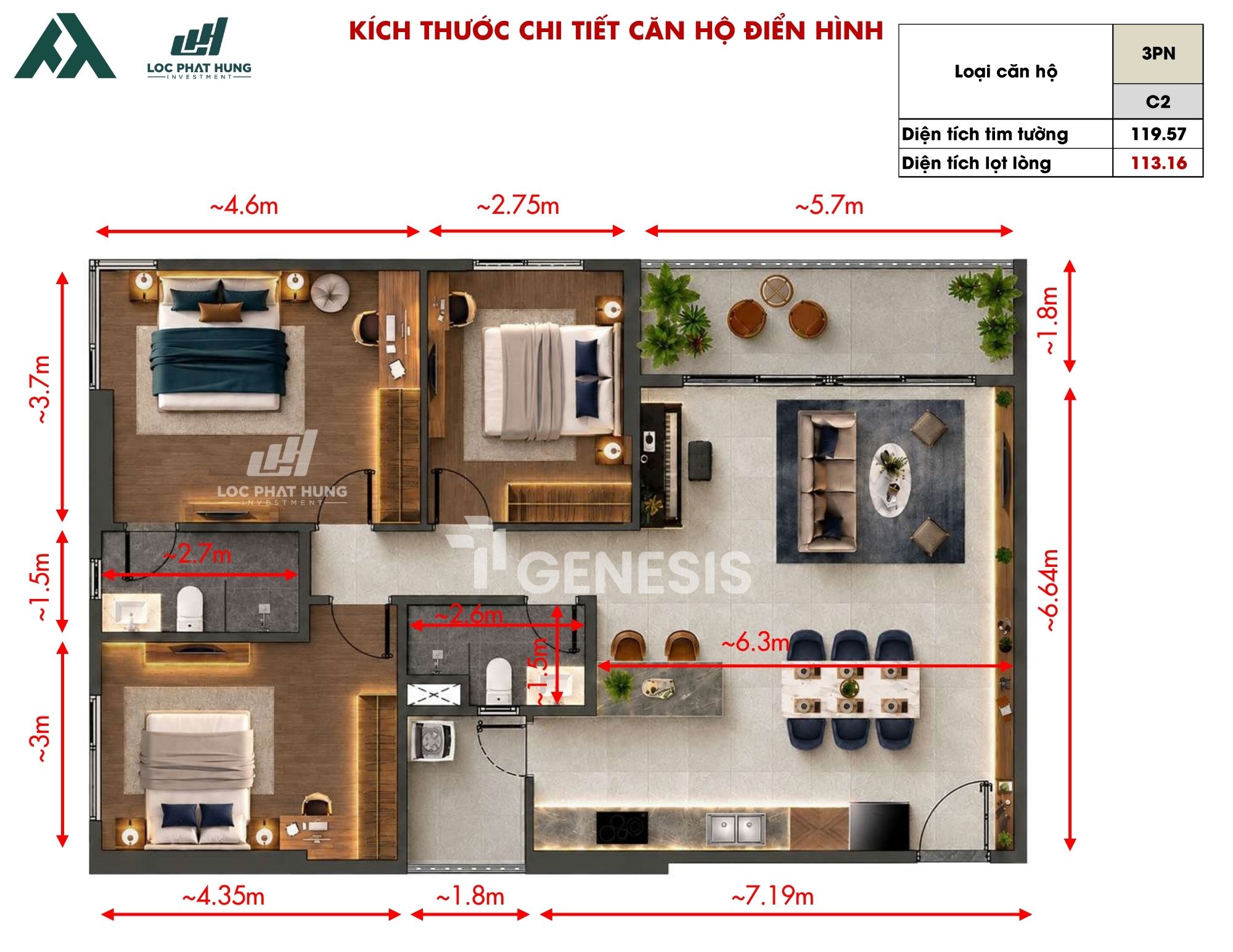 Thiết Kế Căn Hộ 3 Phòng Ngủ 2WC TT Genesis