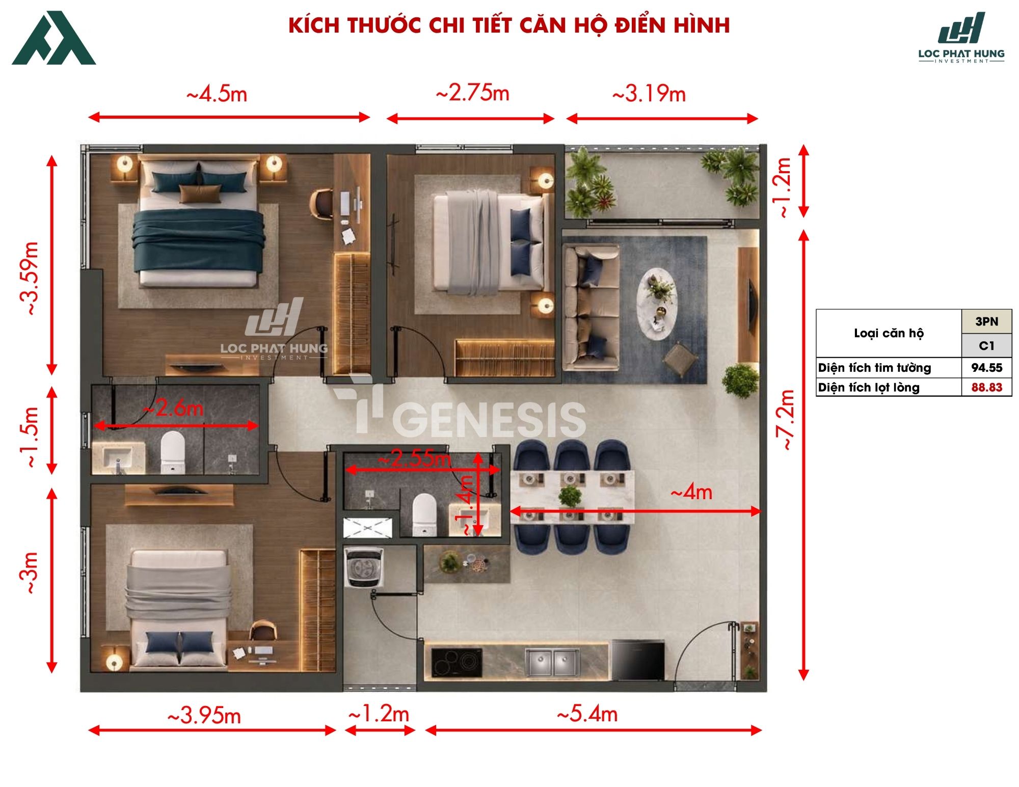 Thiết Kế Căn Hộ 3 Phòng Ngủ 2WC TT Genesis