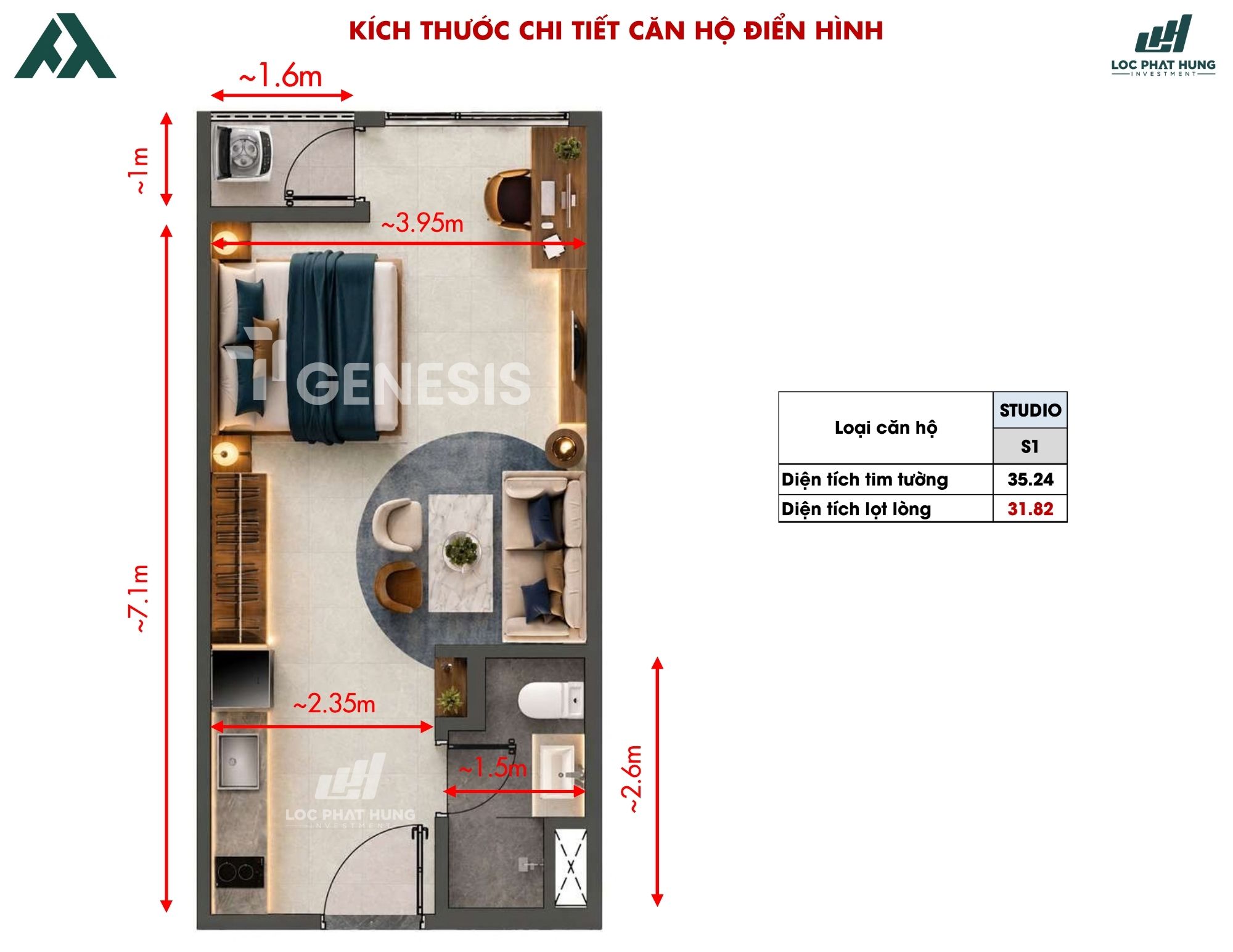 Thiết Kế Chi Tiết Căn Hộ Studio TT Genesis 35.24m2